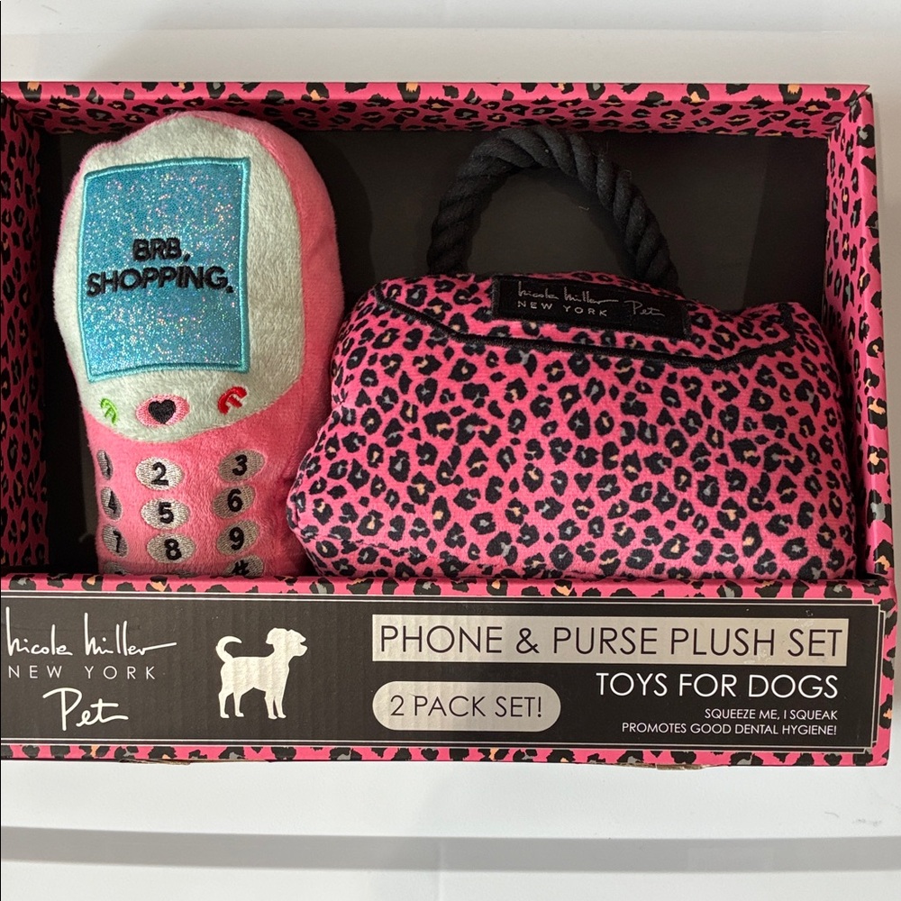 Nicole Miller Pink Leopard Phone & Purse Dog Toy Set